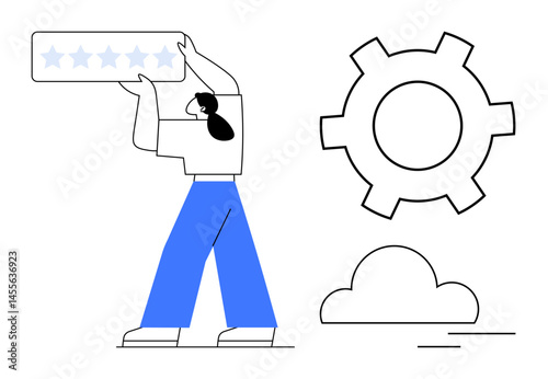 Person lifting 5-star rating box, large gear, and cloud icon symbolizing review, feedback, and online systems. Ideal for teamwork, customer satisfaction, optimization, progress cloud services