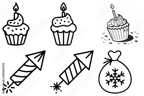 Cute Cupcake and Firecracker Line Art Illustrations Perfect for Party Invitations and Celebrations