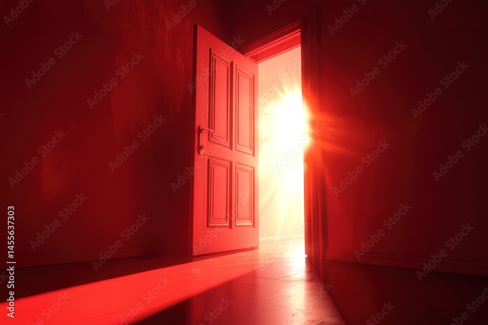 Obraz premium dramatic red tone background with bright open door, light shining through, 3d rendering