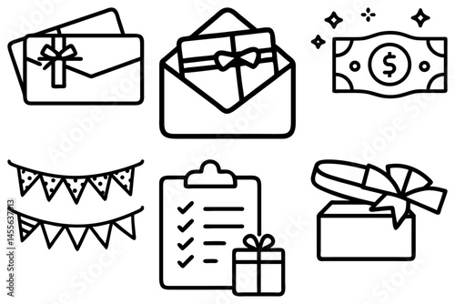 Gift Icons  Outline Illustrations of Presents, Money, and Celebrations