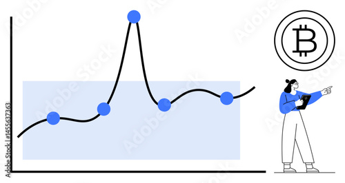 Cryptocurrency analyst reviewing a fluctuating line graph with marked data points and Bitcoin logo. Ideal for finance, cryptocurrency, blockchain, analytics, investment, fintech, simple landing page