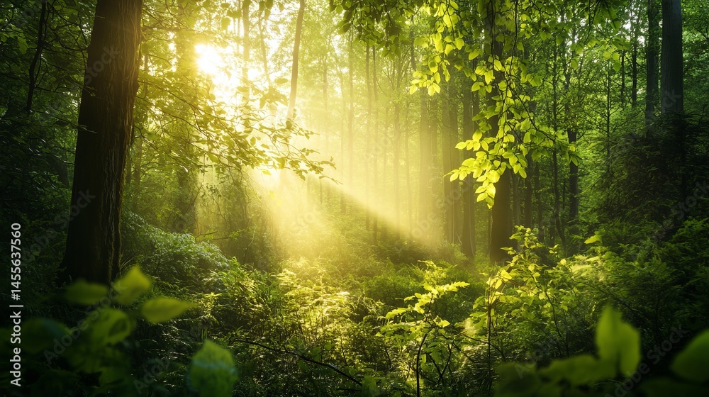 Fototapeta premium Beautiful Forest Landscape Illuminated by Sunlight Filtering Through Trees in the Early Morning Hours