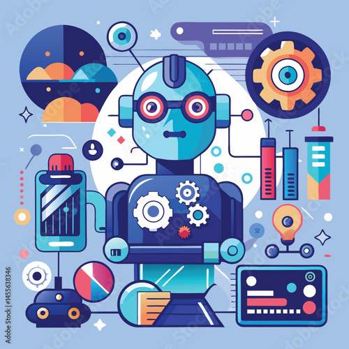 Futuristic AI Technology and Automation Vector Illustration with Gears, Neural Networks, and Data Flow Design