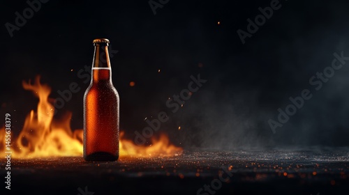 Captivating amber beer bottle surrounded by flames and smoke in a dramatic setting
