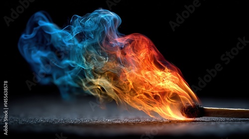 A match ablaze, vibrant flames and swirling smoke.  A striking contrast of hot fire and cool smoke