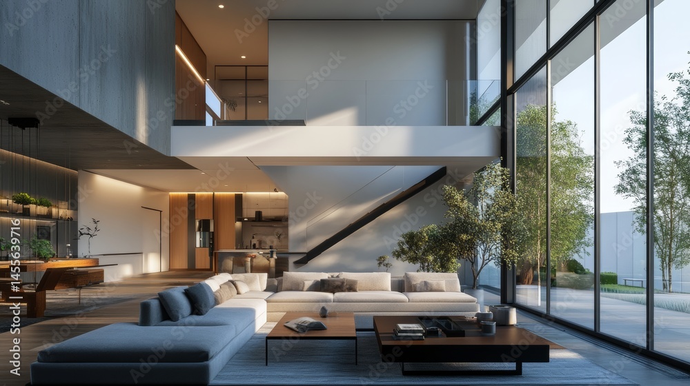 Fototapeta premium Modern Minimalist Living Room With Large Windows and Indoor Plants in a Spacious Architecture Design During Daylight