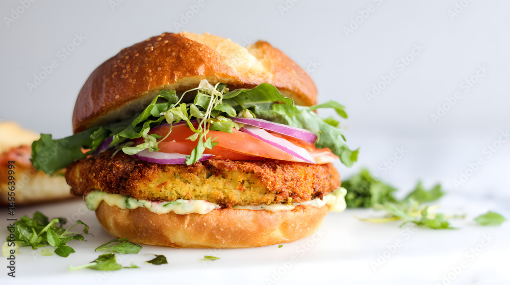 Delicious Spiced and Breaded Paneer Patty Layered with Fresh Vegetables in a Soft Brioche Bun
