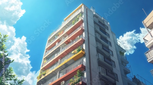 Building With Colorful Balconies Adorned With Plants Against a Bright Blue Sky in a Vibrant Urban Setting During the Day