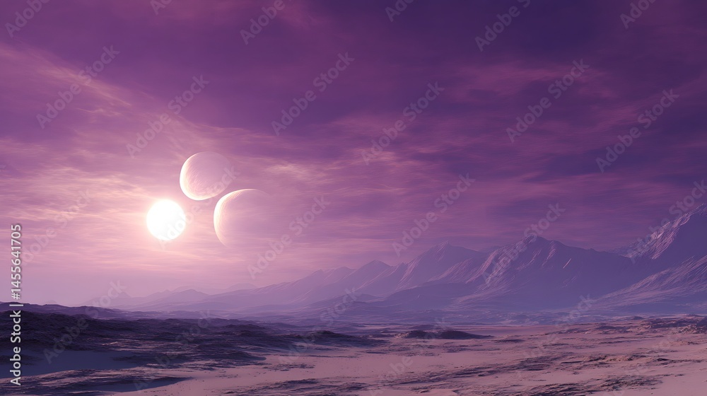 Fototapeta premium Cosmic Dance Of Celestial Bodies Over Purple Mountain Ranges Mysterious Landscapes and Dreamlike Skies A Fantasy Wallpaper Concept Art