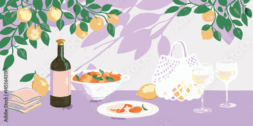 fruits, wine bottle, food, plates, leaves, colorful, abstract, digital art, vibrant colors, summer, nature, still life
