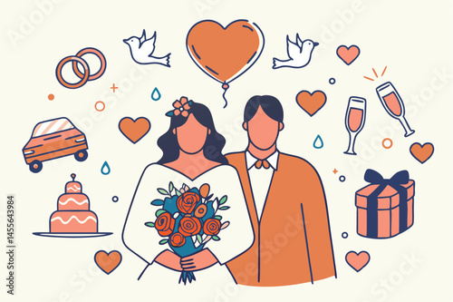 romantic couple, heart symbols, wedding decorations, hand-drawn art style, 2d illustration, minimalist style, pastel colors, 
