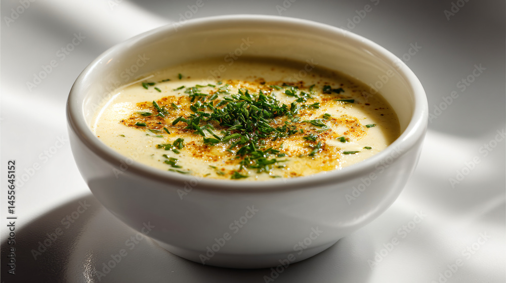 Creamy soup served in a white bowl on a pure white setting highlighting its texture Creamy soup served in a white bowl on a pure white setting highlighting its texture