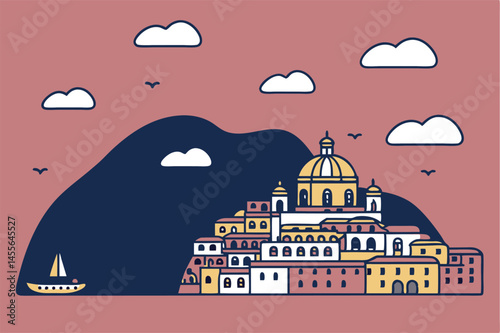 colorful skyline, domed building, decorative architecture, sailboats in the water, dreamy landscape, vibrant colors, digital art style
