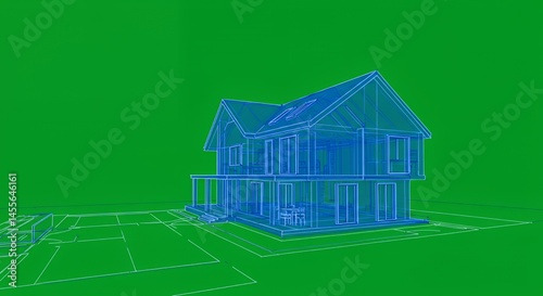 Architectural Design: A Wireframe Visualization of a Modern Two-Story House with Green Background