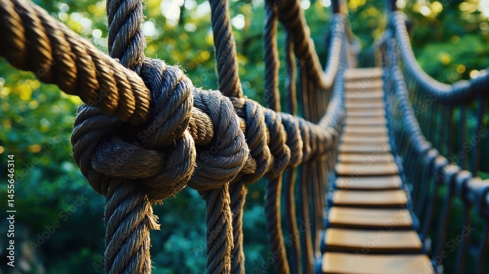 Suspended pathway a rope bridge adventure in lush forest sunlight Suspended pathway a rope bridge adventure in lush forest sunlight