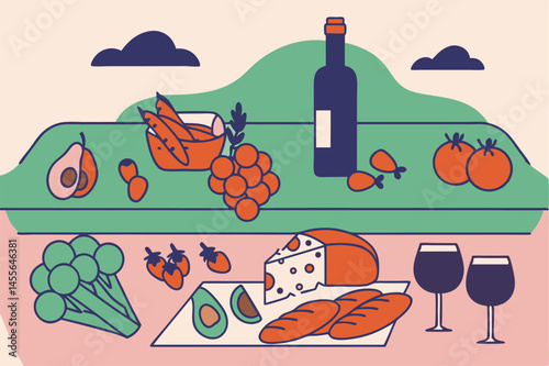 food and drink items, vegetables, fruits, bottle, two wine glasses, cloud background, vibrant colors, flat design, whimsical style 
illustration, 