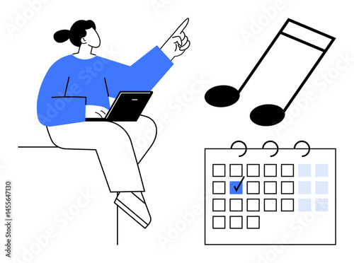 Woman using laptop while pointing upward beside floating music notes and marked calendar. Ideal for productivity, time management, creativity, planning, scheduling, focus, personal growth. Flat
