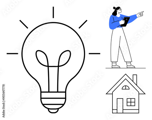 Large light bulb radiating creativity paired with a woman holding a clipboard pointing to a goal and a minimal house icon. Ideal for innovation, energy, home ideas, planning, strategy, creativity