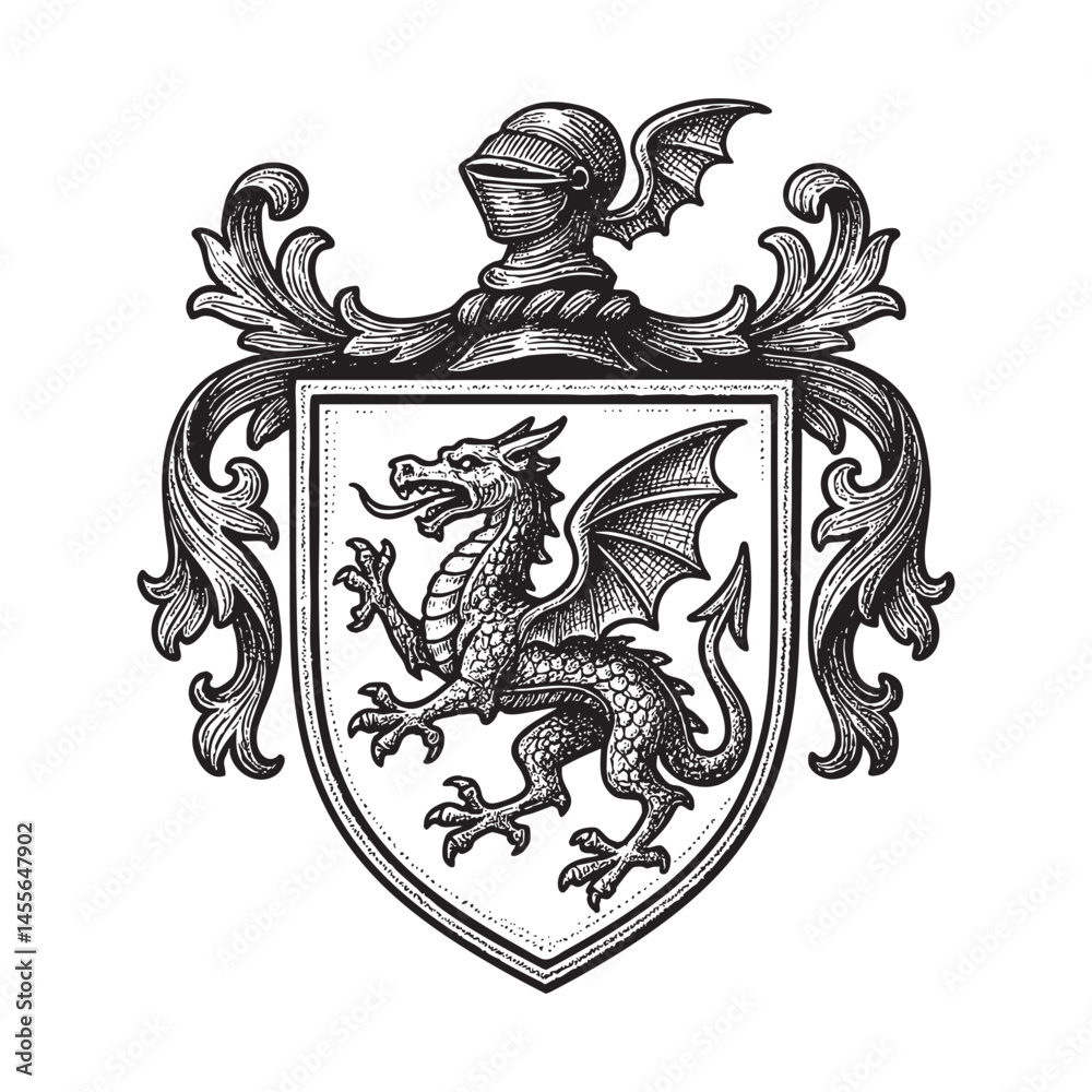 Fototapeta premium Dragon Crest Heraldic Coat of Arms Shield woodcut engraving vector illustration