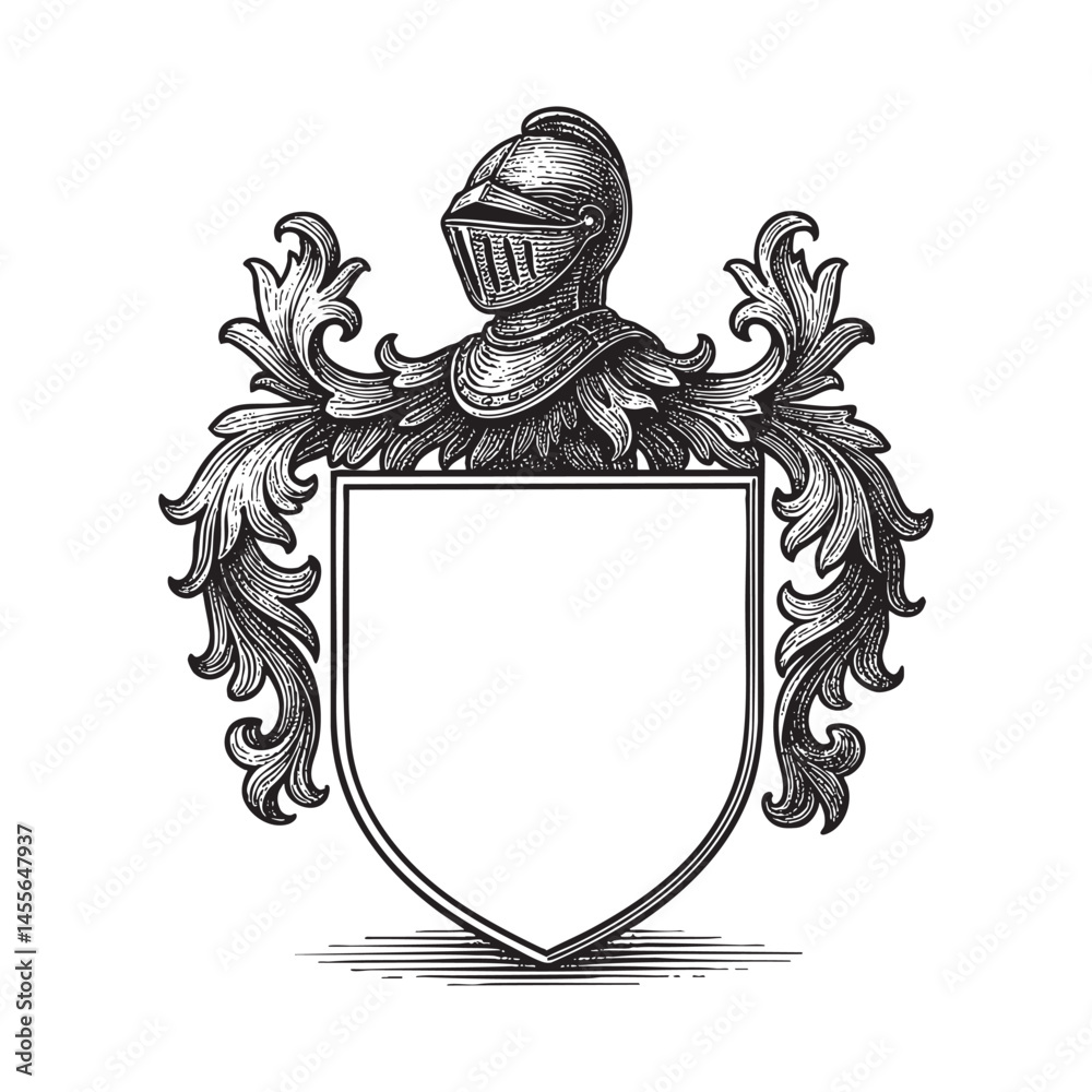 Obraz premium Knight Heraldic Crest Coat of Arms blank Shield woodcut engraving vector illustration