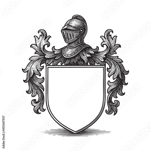 Knight Heraldic Crest Coat of Arms blank Shield woodcut engraving vector illustration