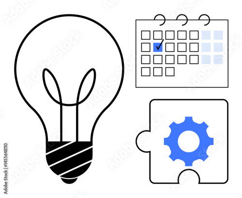 Light bulb, calendar with check, and gear puzzle piece symbolizing idea generation, task planning, problem-solving, and process automation. Ideal for projects, innovation, business strategy