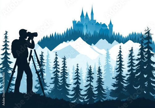 silhouette of photographer in the forest, camera, photographer, tripod, silhouette, landscape, photo, film, photography, cameraman, nature, lens, equipment, person, mountain, hiking, people, video, pr