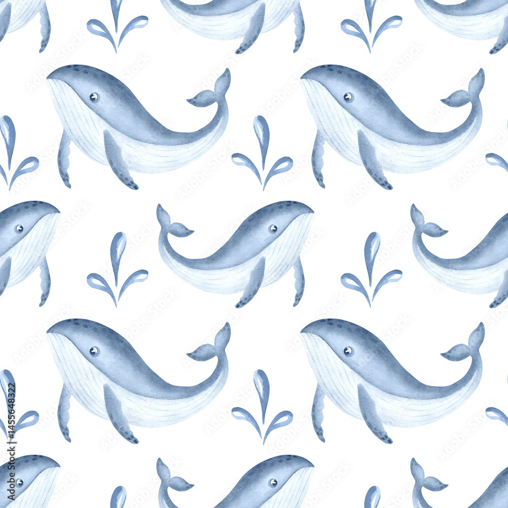 Blue whale and water drops watercolor seamless pattern for kids designs. Cute sea animal character illustration for baby designs. Hand drawn underwater inhabitants. Marine mammal in sketch style. Blue whale and water drops watercolor seamless pattern for kids designs. Cute sea animal character illustration for baby designs. Hand drawn underwater inhabitants. Marine mammal in sketch style.