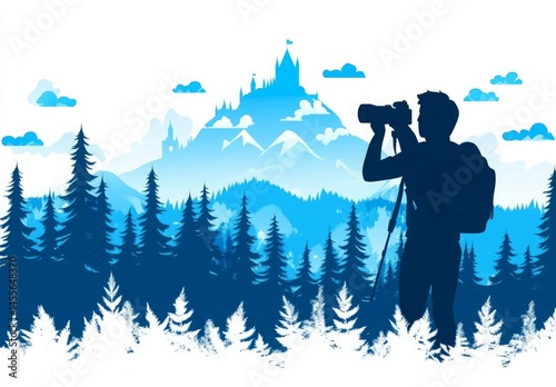 silhouette of photographer in the forest, camera, photographer, tripod, silhouette, landscape, photo, film, photography, cameraman, nature, lens, equipment, person, mountain, hiking, people, video, pr