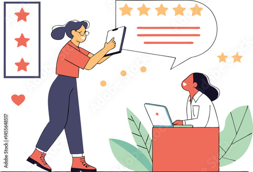 Business illustration concept. 5 Stars review, customer feedback evaluation, best quality or satisfaction, opinion, best rating reputation or online positive review concept, customer giving 5 star.