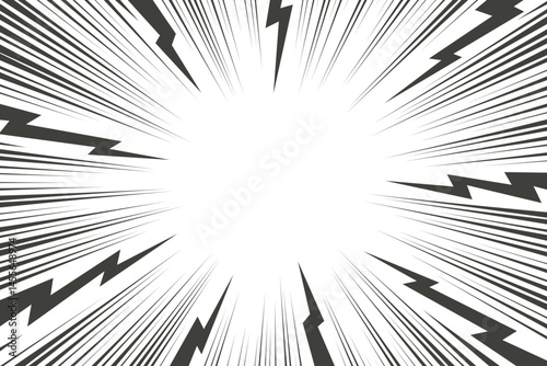 Cartoon comic background with lightning burst effect. Vector manga graphic with flash and abstract thunder. Energy explosion frame with electric light. Radial perspective monochrome beams