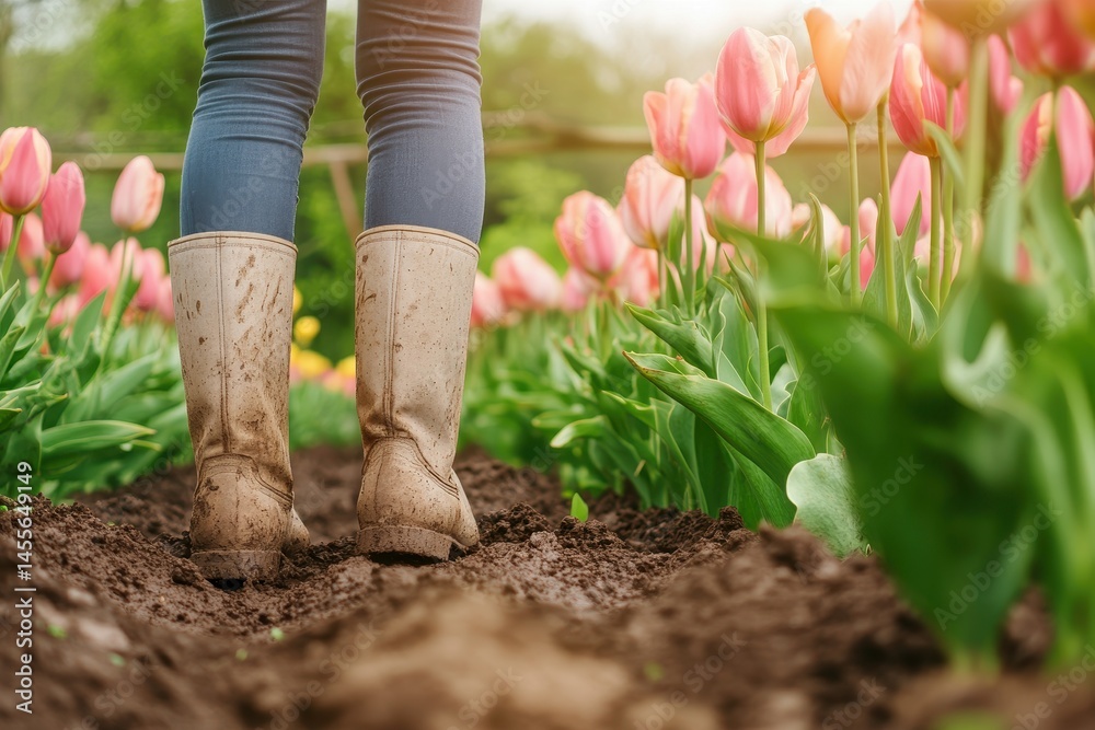 Fototapeta premium Person in garden boots walking through a field of tulips A close-up view of muddy boots on a dirt path lined with vibrant pink tulips Sunlight streams through the background