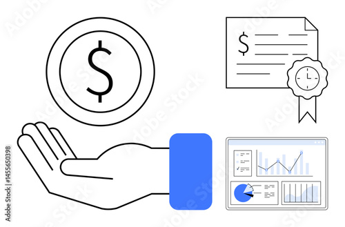 Hand holding coin symbolizing value, certified document indicating trust, analytics dashboard for financial insights. Ideal for economy, investment, strategy, business, fintech, finance simple