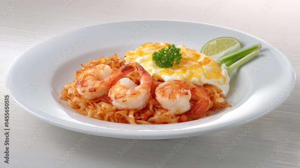 Closeup of Pad Thai with Shrimp and Fried Egg on White Plate Closeup of Pad Thai with Shrimp and Fried Egg on White Plate