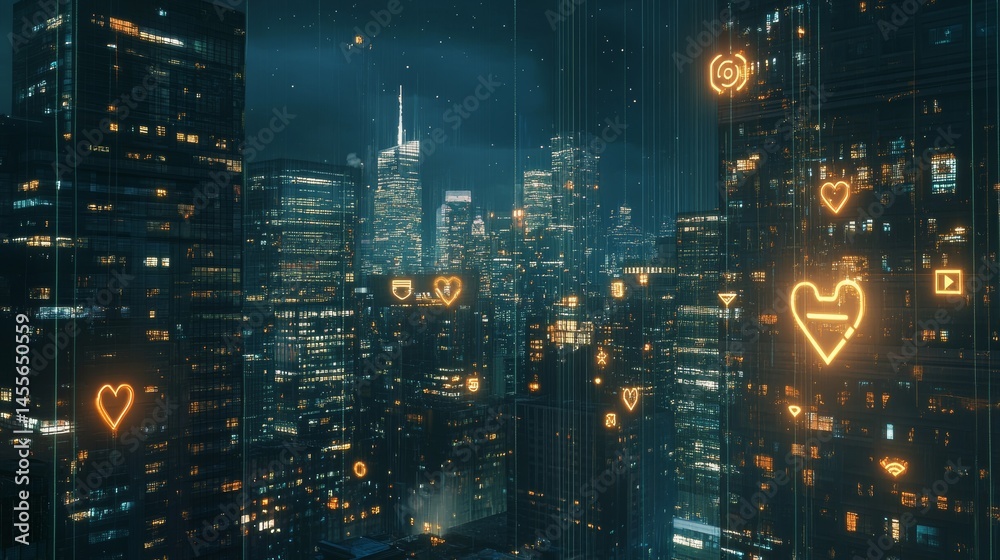 Fototapeta premium Neon-lit Futuristic Cityscape With Towering Skyscrapers Shrouded in Mist and Vibrant Colors in a Night Setting