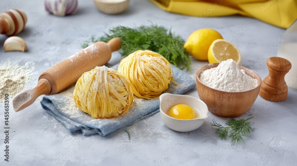 Fototapeta premium Fresh Homemade Pasta with Ingredients Egg Yolks, Flour, Dill, and Lemons