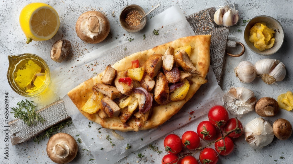 Overhead Shot of Chicken Shawarma on Flatbread with Mushrooms, Garlic, and Tomatoes Overhead Shot of Chicken Shawarma on Flatbread with Mushrooms, Garlic, and Tomatoes