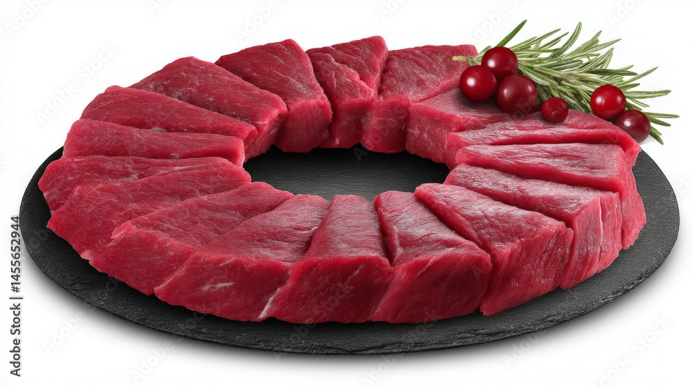 Raw Beef Slices Arranged in a Wreath Shape on Dark Stone Platter with Cranberries and Rosemary Raw Beef Slices Arranged in a Wreath Shape on Dark Stone Platter with Cranberries and Rosemary