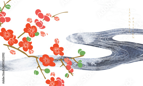 Japanese background with hand drawn line wave pattern and cherry blossom flower element vector. Ocean sea backdrop layout design in oriental style. Chinese cloud elements.