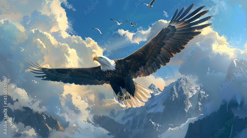 Fototapeta premium Eagle Soaring High: A majestic eagle soaring high in the sky with wings spread wide. 