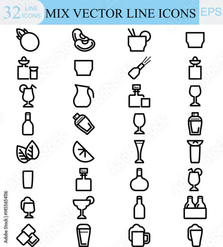  set of alcohol icons, such as  drink cocktail bar glass