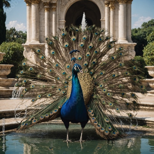 A peacock spreading its feathers in a royal palace garden with marble fountains

