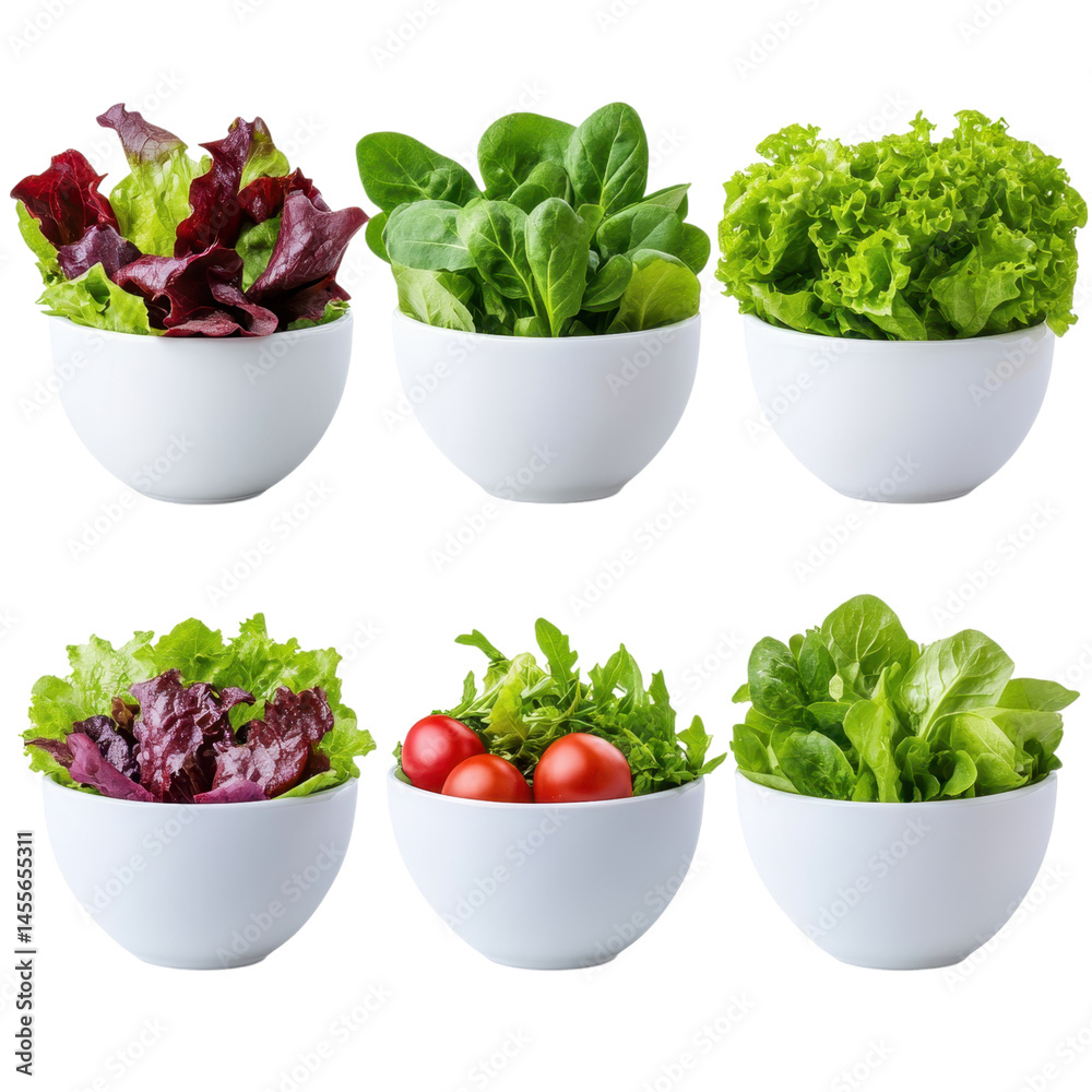 A vibrant display of various colorful salads isolated on a clean white background perfect for healthy dining and lifestyle. A vibrant display of various colorful salads isolated on a clean white background perfect for healthy dining and lifestyle.