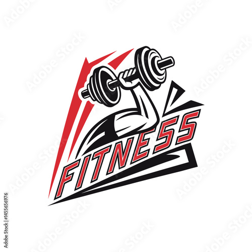 "Strong and dynamic fitness brand logo, abstract dumbbell or flexing arm icon, red and black color scheme, sporty typography, white background"
