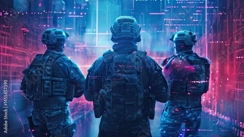 video of Military forces command through a tablet with augmented reality, utilizing AI for internet-based programming control and online coordination of the military team