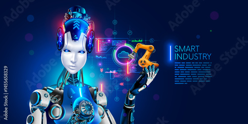 AI management work robots on factory. Humanoid robot or cyborg with artificial intelligence or AI controls industry robotic arms on factory or manufacture. Industry 4.0. AI technologies in industrial