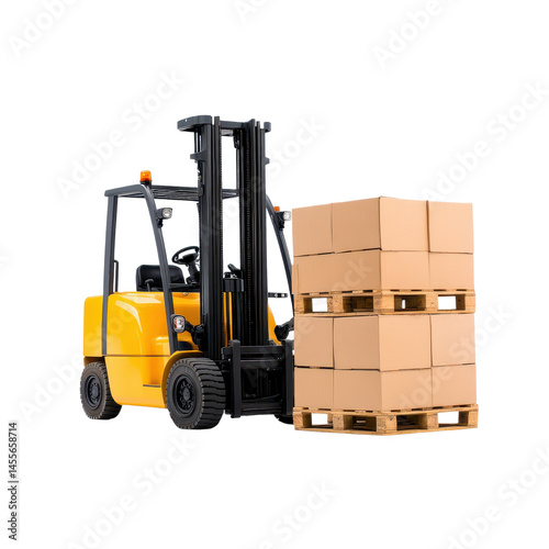 Forklift vehicle lifting and transporting stack of boxes in industrial setting isolated on bright white background for clarity.