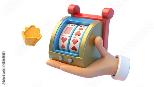 Hand holding a slot machine with a winning combination isolated on white photo