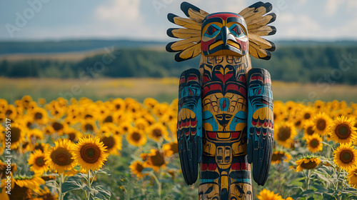 Tall colorful totem pole standing in a sunflower field under clear sky