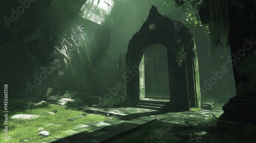 Mysterious archaic archway amidst shadowy verdant foliage evokes a sense of enigma within a natural wilderness environment